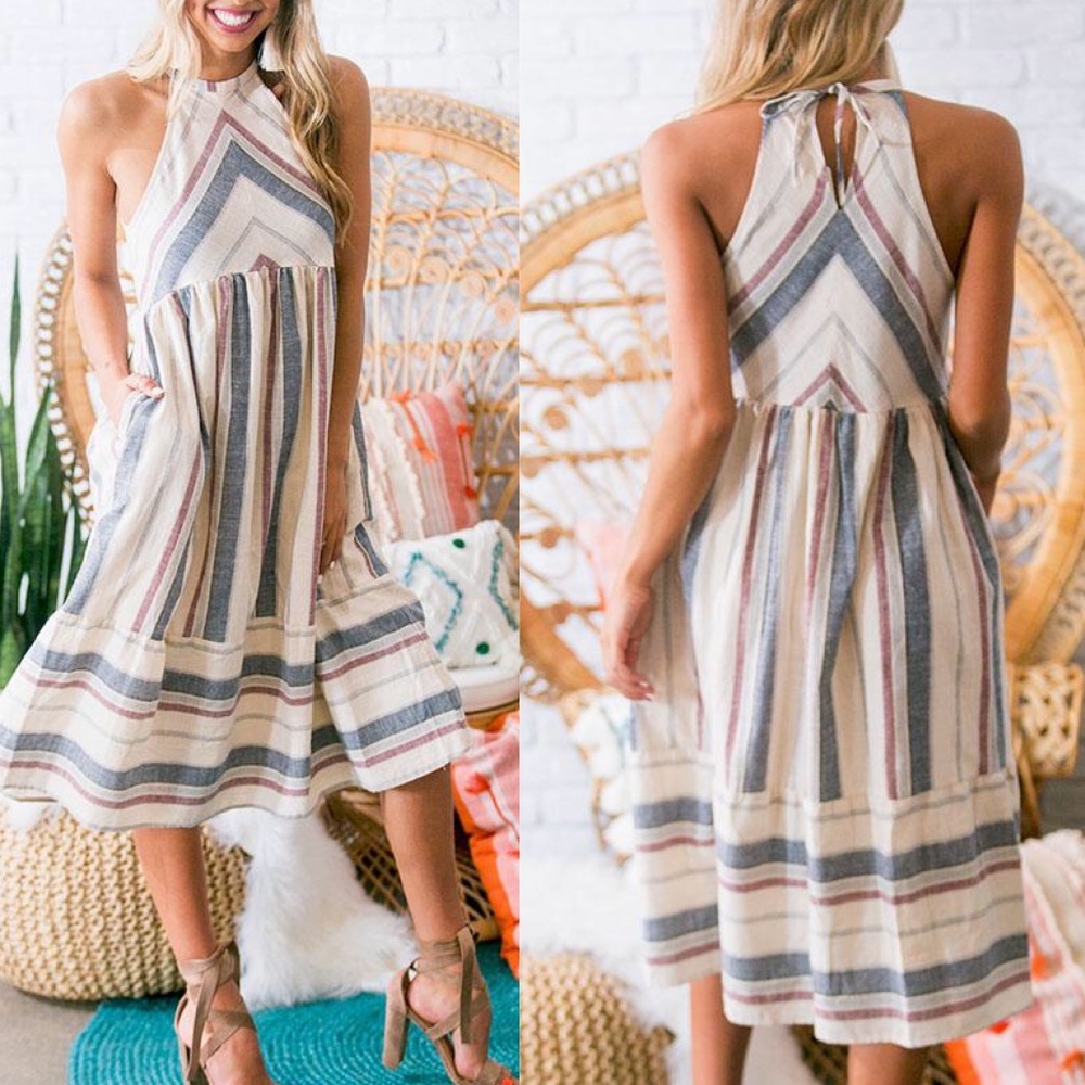Boho Stripes sleeveless midi Dress Halter - Picture 2 of 3
